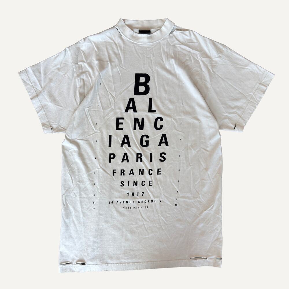 Balenciaga Eye Chart Graphic T-Shirt White Black Distressed Oversized Sz 1